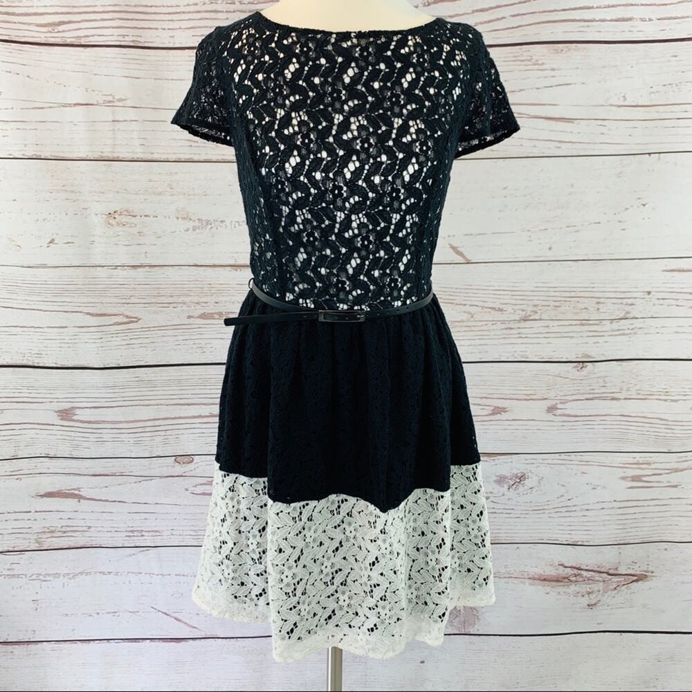 Kenzie black and white lace dress with belt